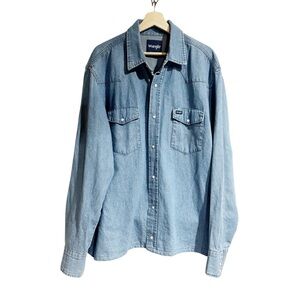 Wrangler Light Blue Denim Button-Up Shirt Pearl Snap Women XXL Chore Jacket